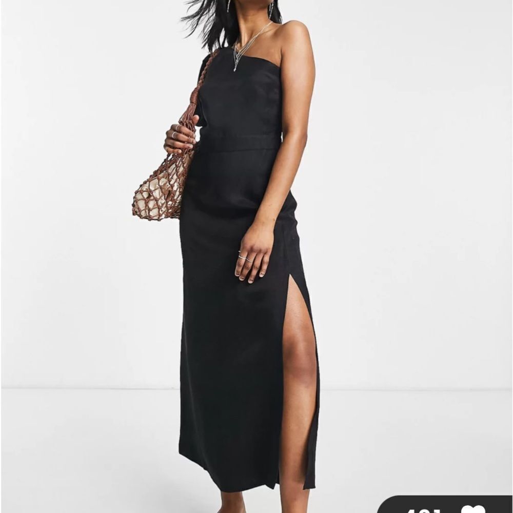 Topshop one shoulder linen midi dress in black sz 12 nwt